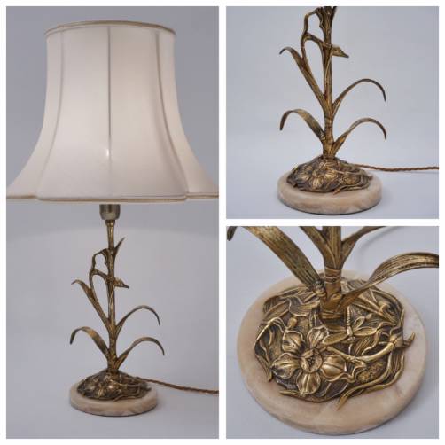 Art Nouveau table lamp, pond wildlife, gilt bronze & alabaster, 1900 ca, French 